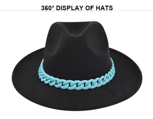 Detail of black fedora hat featuring a wide flat brim and a modern sky blue chain link band