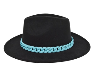 Detail of British style black felt fedora hat featuring a chunky sky blue chain decoration