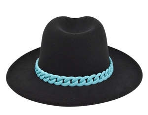 Detailed view of black wool felt fedora with a bold sky blue chunky resin chain strap