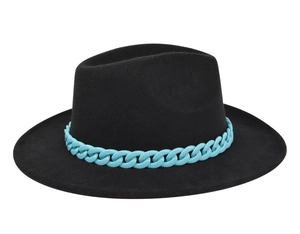 Detailed view of black felt fedora hat featuring a chunky light blue chain decoration