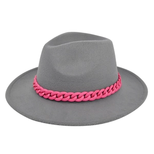 Detail view of a gray wool felt fedora featuring a bold neon pink chunky chain band decoration