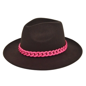 Close-up of a dark brown felt fedora hat featuring a bold bright pink chain accessory
