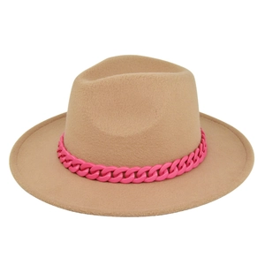 Detail of camel wool fedora hat featuring a bold pink chunky chain decorative band