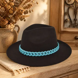 Cappello Fedora Vintage Britannico Tesa Larga in Feltro di Lana Jazz Hat Con Decorazione a Catena Celeste per Donna Moda Festa