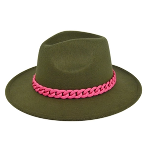 Close-up of olive green fedora hat featuring a chunky vibrant pink chain decorative band