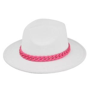 White wide brim wool felt jazz hat with a bright hot pink chunky chain decoration