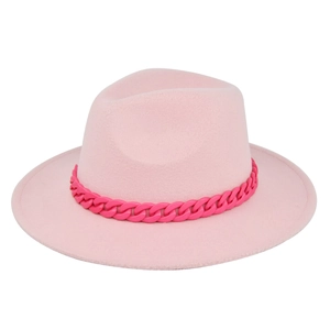 Detailed view of pink fedora hat with a bold bright pink decorative plastic chain