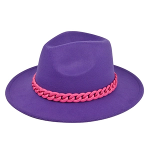 Detailed view of purple wool felt fedora hat featuring a bright pink chain decoration