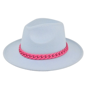 Detailed view of light blue wool felt fedora hat featuring a bold pink chain decoration