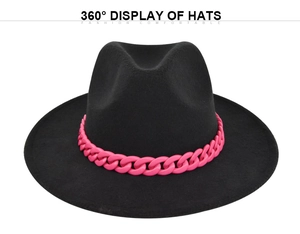 Detail view of black wool felt hat featuring a stylish pink chain band decoration