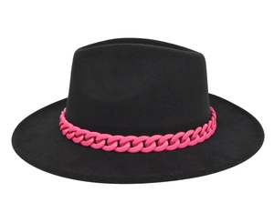 Detail of black wool fedora featuring a vibrant hot pink chunky chain decorative band