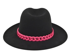 Detail of black wool fedora featuring a vibrant hot pink chunky chain hatband decoration