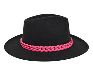 Detail of black wool fedora hat featuring a chunky vibrant pink chain decorative band