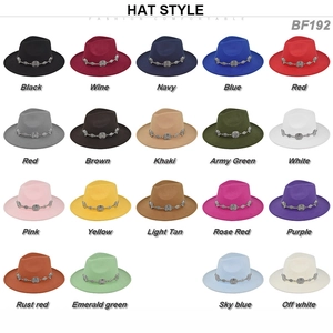 British style wide brim wool felt fedora hats in various colors with metal chain detail