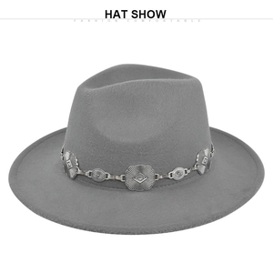 Detail of grey wide brim fedora hat with silver floral metal chain and wool felt texture