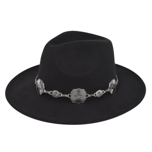 Detail of black wool fedora hat featuring an ornate silver vintage metal chain band