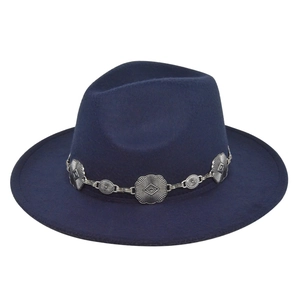 Classic navy blue wide brim wool fedora hat with vintage silver metal bohemian chain