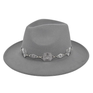 Detail of grey wool fedora hat featuring a vintage silver metal chain with floral patterns
