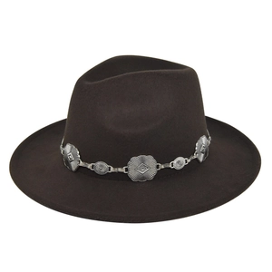 Detail of a brown wool fedora with a vintage silver metal floral pattern chain