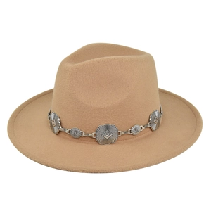 Close-up of camel felt fedora hat featuring a vintage silver metal decorative chain band