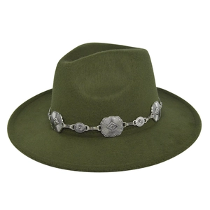 Detailed view of dark green wool fedora hat featuring a vintage silver metal chain band