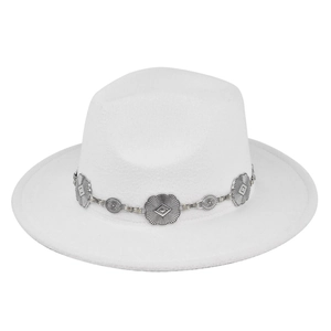 Detail of white wide brim fedora hat featuring silver sunburst flower chain decoration