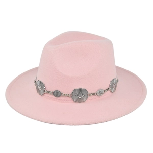 Detail of pink fedora hat featuring a vintage bohemian silver metal carved chain link