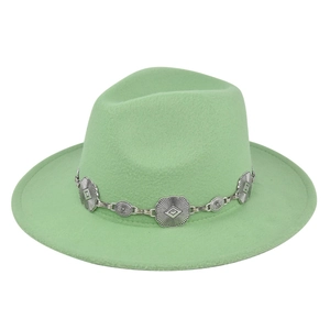 Detail of mint green fedora hat featuring a bohemian silver metal chain with floral engraving