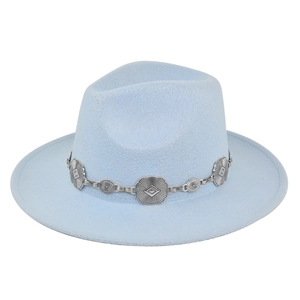 Detailed view of light blue fedora with silver floral engraved metal chain decoration