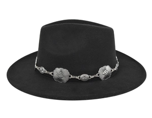 Detail of silver bohemian chain band on a black wide brim wool fedora hat with flat edge