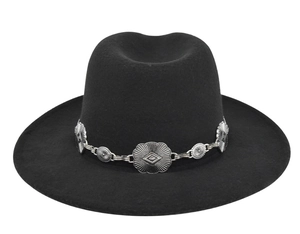 Detail of wide brim black felt fedora featuring a vintage silver western chain band