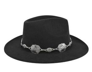 Detail of vintage black fedora wool hat featuring a decorative silver floral metal chain