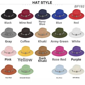 Detailed grid view showcasing 19 color options of wool felt fedora hats with metal bands