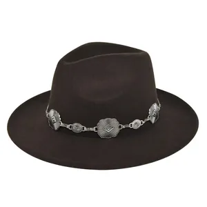 Classic dark brown wide brim wool fedora hat with vintage bohemian metal chain decoration