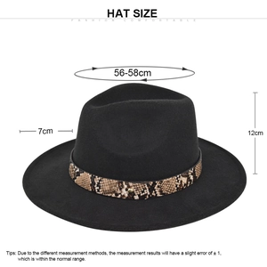 Classic black wide-brim wool fedora hat with snakeskin leather band and gold metal stud