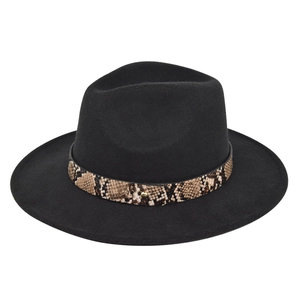 Detailed close-up of a wide brim fedora hat with snake pattern band and gold metal rivet