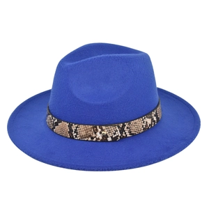 Detail of royal blue wool fedora with snake pattern leather band and gold metal stud