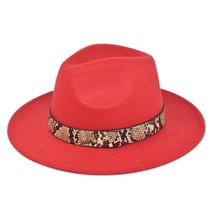 Detailed macro view of the red fedora hat with faux snakeskin band and gold stud