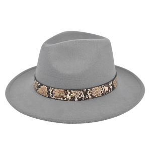 Detail of light gray wide brim fedora with snakeskin print band and gold stud accent