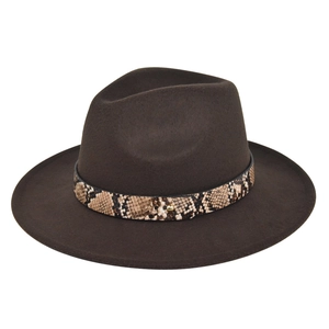 Detail of chocolate wool fedora featuring snake pattern band and golden metal buckle