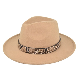 Detailed view of camel wool fedora with snake pattern band and golden rivet accent