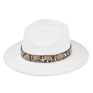 Close-up of white wide brim felt fedora with snake print leather band and gold stud detail