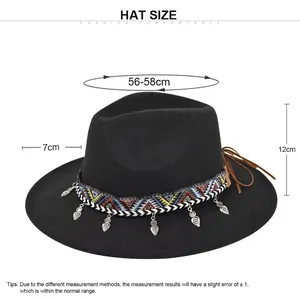 British style wide brim felt fedora hat with ethnic band and silver leaf pendants