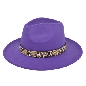 Detail view of purple wool fedora hat with snakeskin band and metallic rivet buckle