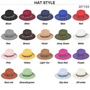 Collection of wide brim fedora hats with bohemian bands in nineteen vibrant colors