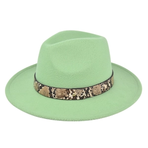 Close-up of mint green fedora wool felt hat featuring a snakeskin pattern leather band