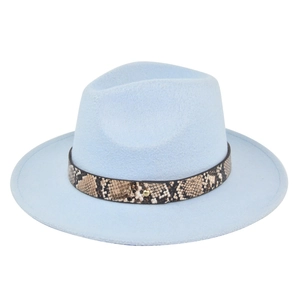 Classic light blue felt fedora hat with snakeskin band and gold rivet detail