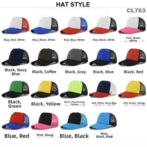 Rasteransicht verschiedener bunter Mesh-Trucker-Caps mit gebogenem Schirm und Netzrückseite