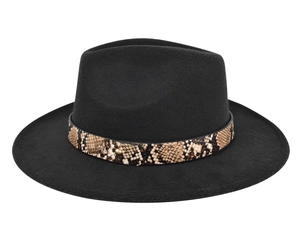 Close-up of black wool fedora featuring a snakeskin pattern band with gold metal stud detail