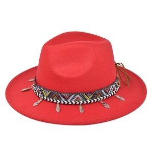 Red wool felt fedora hat with ethnic patterned ribbon and silver heart charms